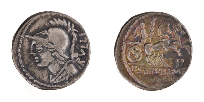 C'est un buste de Minerve, portant un casque corythien, qui est représenté sur cette monnaie émise par P. Servilius Rullus. [© American Numismatic Society]